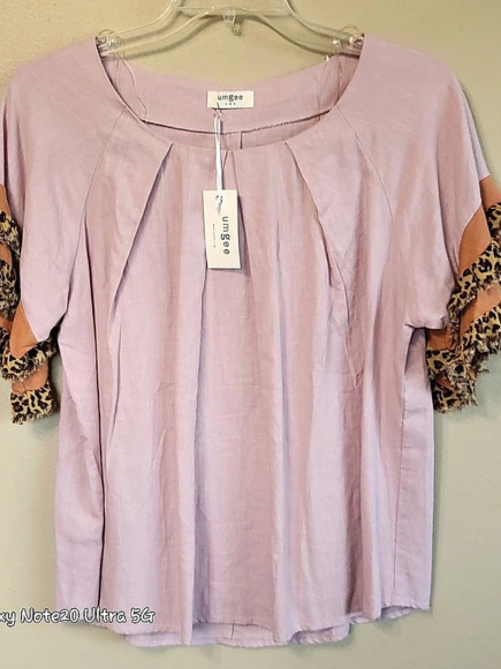 Umgee Lavender Linen Blend Blouse Leopard Ruffle Sleeve Top Boho Lilac NWT Sz-S